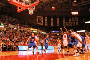 Senior Theron Wilson shoots a free throw during Saturday’s double-overtime victory over Drake. All of the points in the second overtime period were scored at the charity stripe. Photo by Louis Amberg