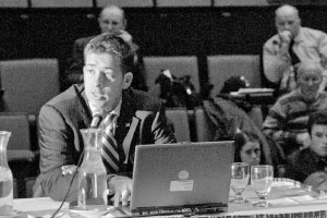 State Treasurer Alexi Giannoulias speaks during a meeting of the Illinois Reform Commission. The group’s fifth meeting took place on campus, and its goal is to clean up Illinois politics. Photo by Duane Zehr