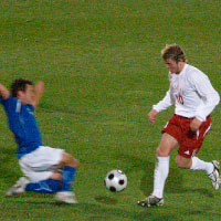 Bradley freshman Bobby Smith tries to dribble past a Creighton defender in Saturday’s 2-0 loss to No. 2 Creighton at Shea Stadium.