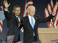 President-Elect Barack Obama and Vice President-Elect Joe Biden greet the crowd at Grant Park in Chicago after the announcement of their victory.