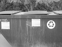 A new recycling bin sits outside of St. James Apartment Complex. The bin is part of increased efforts to boost recycling on campus.
