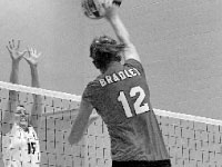 Sophomore Caitlin Staib smacks the ball back at Missouri State in the Braves comeback victory on Saturday in their final home game of the season. Photo by Megan Loos