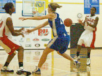 Sophomore Raisa Taylor passes the ball to junior Skye Johnson at the top of the arc in the Braves’