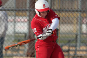 Alycia Bachkora hits one of her two homeruns against Southern Illinois, putting her in third place all-time for single season homeruns in Bradley history. Courtesy of BradleyBraves.com