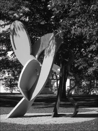 The “Soybean” sculpture is shown to prospective students visiting Bradley. Photo by Megan Loos