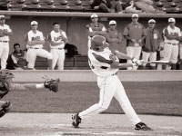 The Bradley players look on from the dugout as freshman Jason Leblebjian takes a swing at O’Brien field. Photo by Adam Moulton