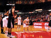 Junior Sam Maniscalco hits the game-winning free throws against Wichita State earlier this season. Maniscalco was named to the All-MVC second team this season. Photo by Adam Moulton