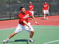 Freshman Brock Reiman returns a volley against Creighton on Senior Day for the Braves. This match was the last for seniors, Callen Frayinicheaud, Milos Romic and Richard Robertson. Photo by Adam Moulton