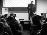 David Coleman speaks to students about love and relationships in the Michel Student Center ballroom. Coleman’s story inspired the movie “Hitch.” Photo by Megan Loos