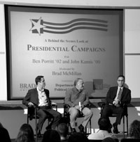 Director of the Institute for Principled Leadership in Public Service Brad McMillan moderates during a polical forum of two Bradley alumni. Photo by Duane Zehr