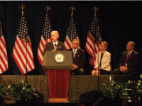 Vice President Joe Biden speaks at Partners for Peace Wednesday morning. Biden was invited because he authored the Violence Against Women Act in 1994. The legislation imposed sweeping changes to how domestic abuse and rape cases are tried. Photo by Pat Oldendorf