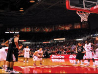 Junior Sam Maniscalco hits the game-winning free throws against Wichita State earlier this season. Maniscalco was named to the All-MVC second team this season. Photo by Adam Moulton