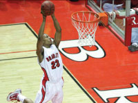 Senior Chris Roberts throws down a powerhouse slam earlier in the season. Roberts finished second in the NCAA slam dunk contest. Photo courtesy of bradleybraves.com