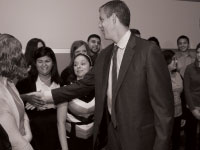 U.S. Secretary of Education Arne Duncan greets education students at the Civic Center Wednesday. He was in town to discuss the issues facing urban education. photo by Duane Zehr/Bradley University. Photo by Megan Loos