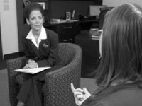 University President Joanne Glasser meets with a student during an office hour last year. The program was implemented by Glasser to increase communication between her and the student body. She has said the program is successful and she looks forward to meeting the students. Photo courtesy of Bradley University.