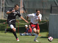 Senior Chris Cutshaw takes off past an NIU defender on his way to score the game winning goal, the seventh of his career. Courtesy of BradleyBraves.com