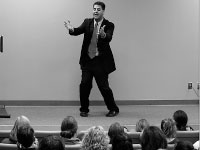 Brad Cohen, a 1996 Bradley grad, speaks to a very full Marty Theatre on Thursday. Cohen is the author of “Front of the Class. How Tourette Syndrome made me the teacher I never had.” Hallmark Hall of Fame also made a movie about his life that aired last December. Because of Tourette Syndrome, Cohen faced a number of challenges in his journey to becomming an educator, but they all made him a better teacher, he says. Photo by Megan Loos