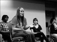 Students rehearse for the Vagina Monologues on Wednesday. All profits from this year’s performance will go to the Center for Prevention of Abuse, a Peoria agency that provides shelter and other services to displaced women and children. Photo by Megan Loos