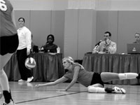 Bradley goes for a dig against Southern Illinois at Carbondale. Bradley ended up suffering two losses this weekend in MVC play. Photo by Megan Loos