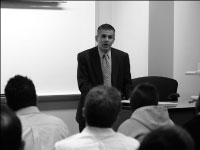 University of Louisville law professor and Bradley alumnus Samuel Marconsson addresses campus on Monday. He used history to discuss why Proposition 8 is wrong and promoted gay marriage equaliy for the future. Photo by Megan Loos