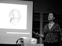 Stacy Robertson speaks about women abolitionists Tuesday night in the Cullom-Davis Library. Photo by Megan Loos