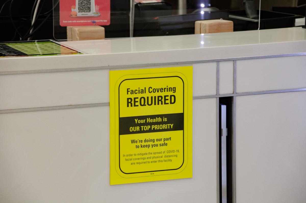 Facial coverings are required at all times, except when using equipment.